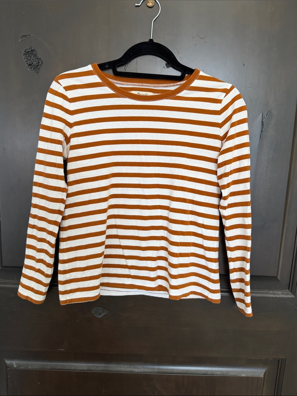 Madewell Striped Long-Sleeve Crewneck Top in White and Brown Size Small
